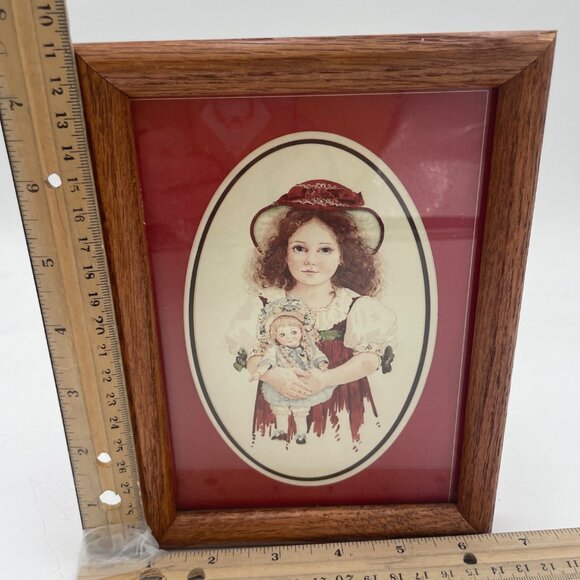 Vintage Framed Oval Victorian Girl & Doll Illustration 8 x 6 .5”Wood Frame - Picture 3 of 5